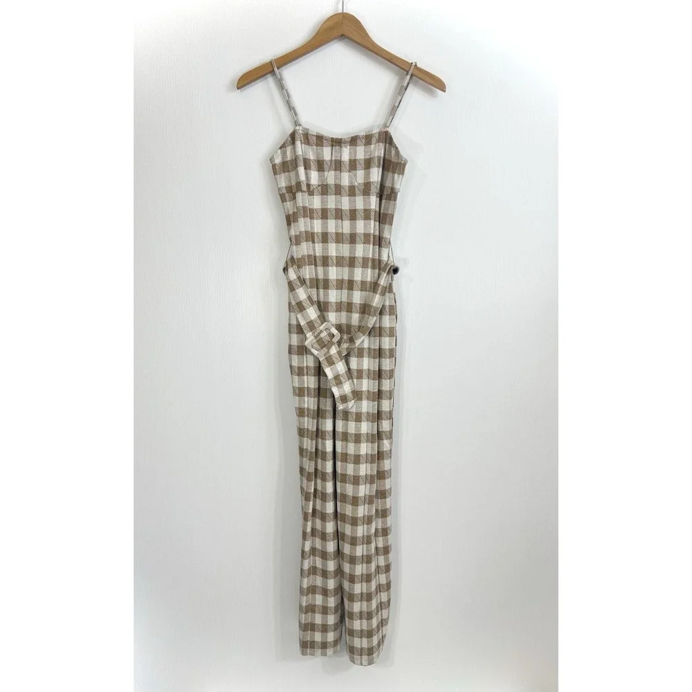 En Saison ANTHROPOLOGIE Mani Gingham Plaid Jumpsuit Size XS Beige Belted Pockets